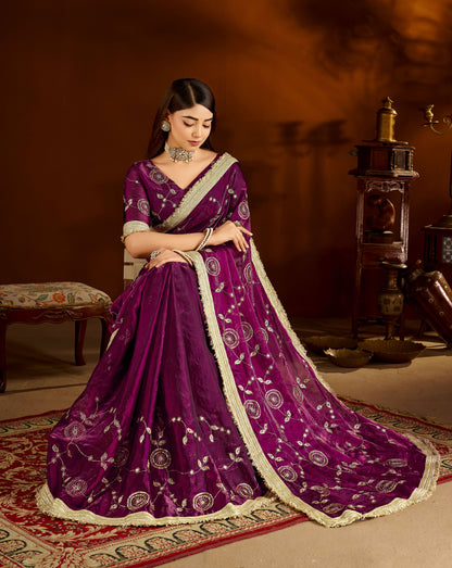 Wine Satin Silk Saree with Heavy Embroidered Work