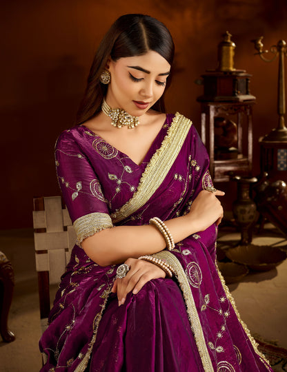 Wine Satin Silk Saree with Heavy Embroidered Work