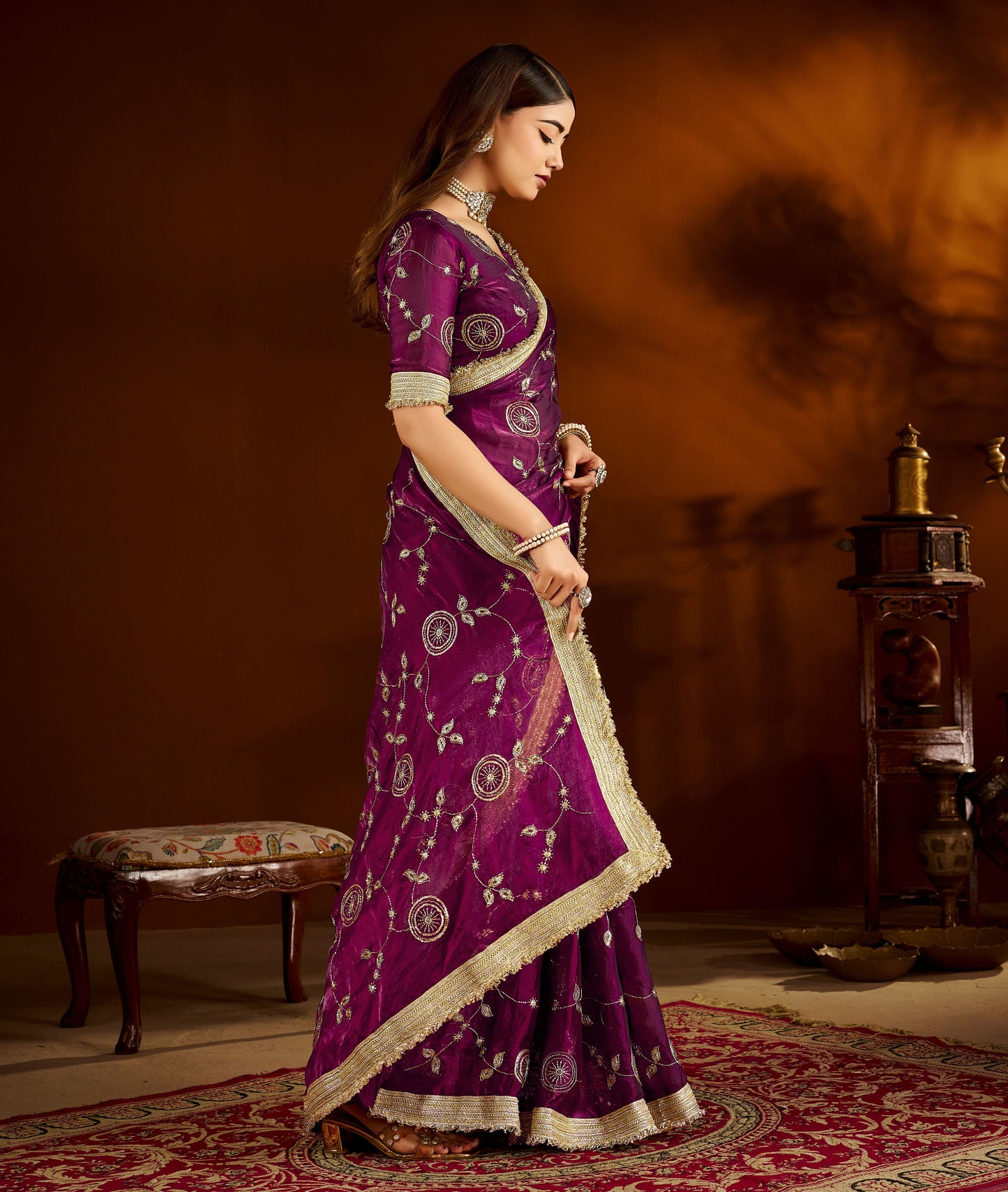 Wine Satin Silk Saree with Heavy Embroidered Work