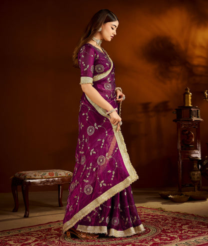 Wine Satin Silk Saree with Heavy Embroidered Work