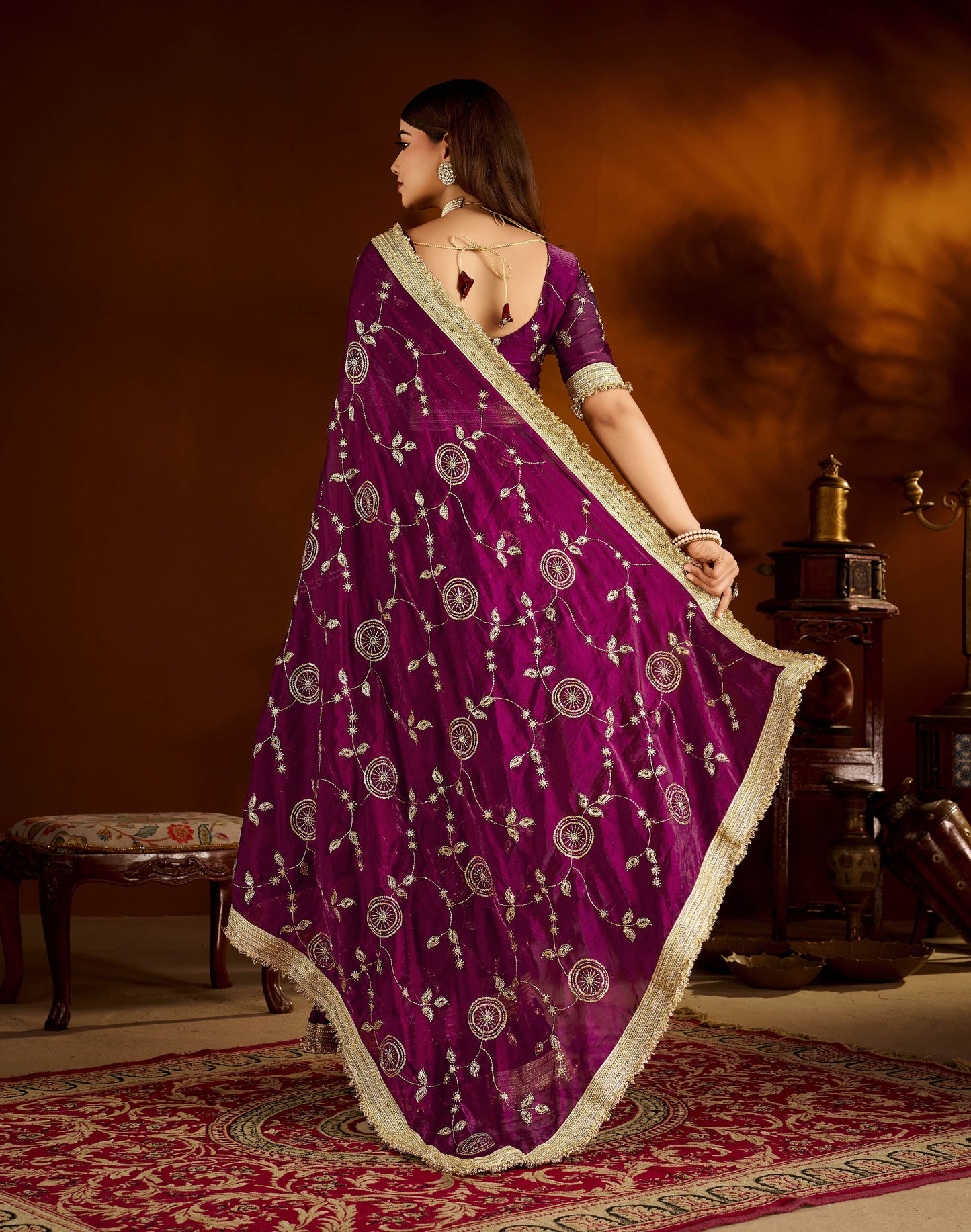 Wine Satin Silk Saree with Heavy Embroidered Work