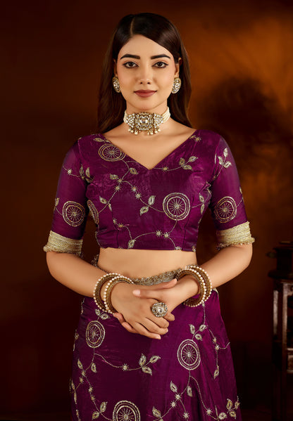 Wine Satin Silk Saree with Heavy Embroidered Work