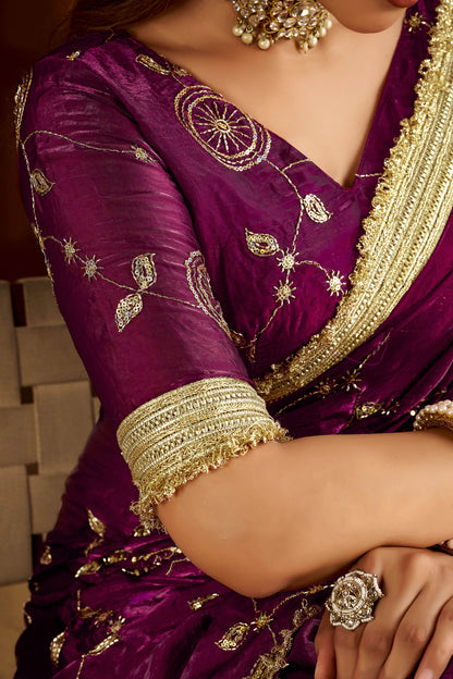 Wine Satin Silk Saree with Heavy Embroidered Work
