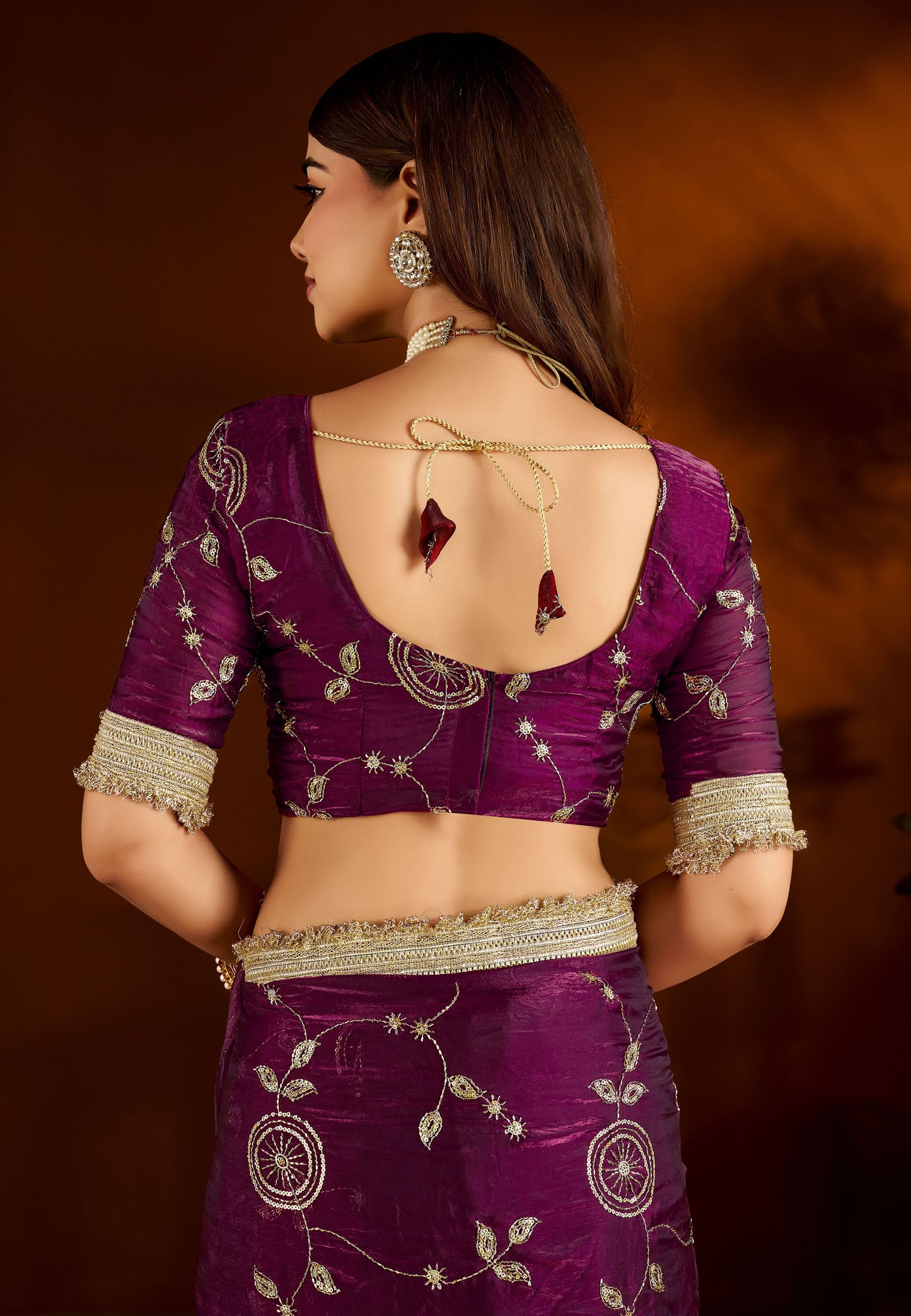Wine Satin Silk Saree with Heavy Embroidered Work