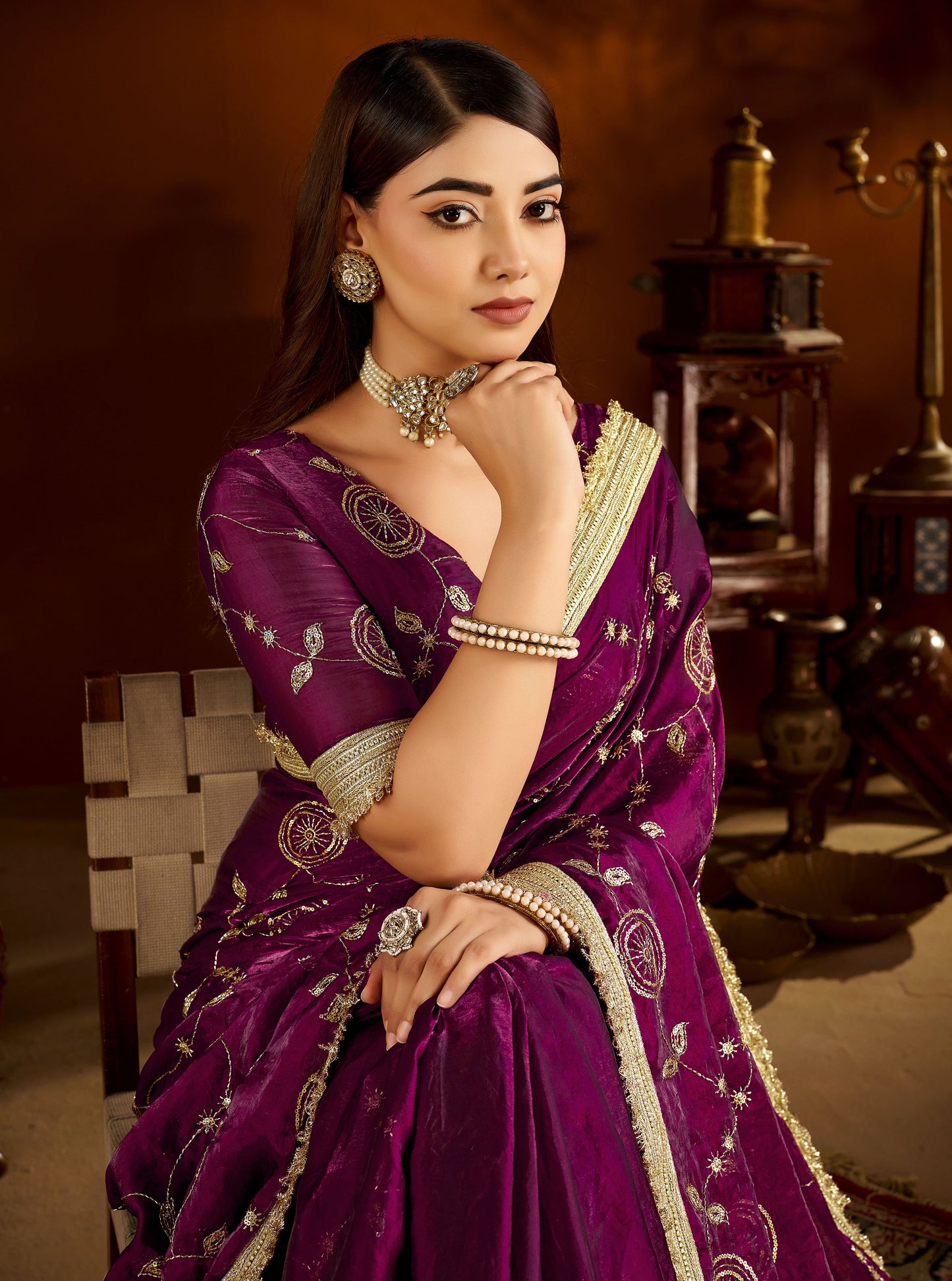 Wine Satin Silk Saree with Heavy Embroidered Work