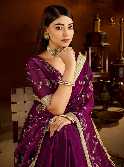 Wine Satin Silk Saree with Heavy Embroidered Work