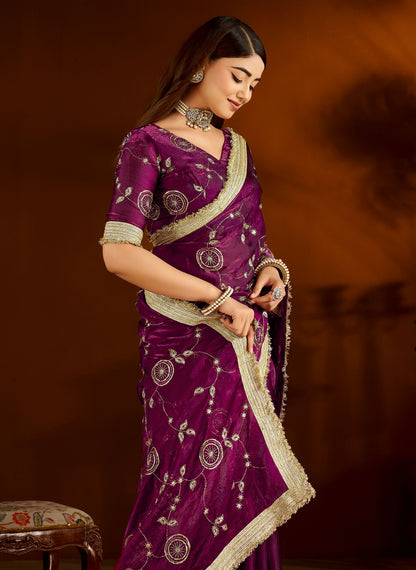 Wine Satin Silk Saree with Heavy Embroidered Work