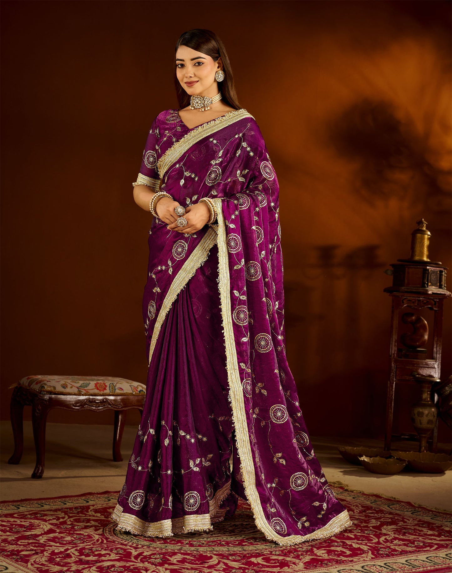 Wine Satin Silk Saree with Heavy Embroidered Work