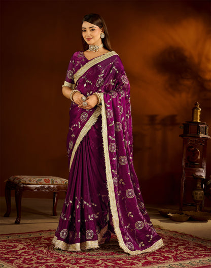 Wine Satin Silk Saree with Heavy Embroidered Work