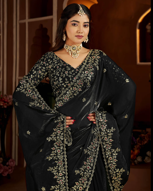 Black Color Satin Silk Saree with Heavy Embroidered Work