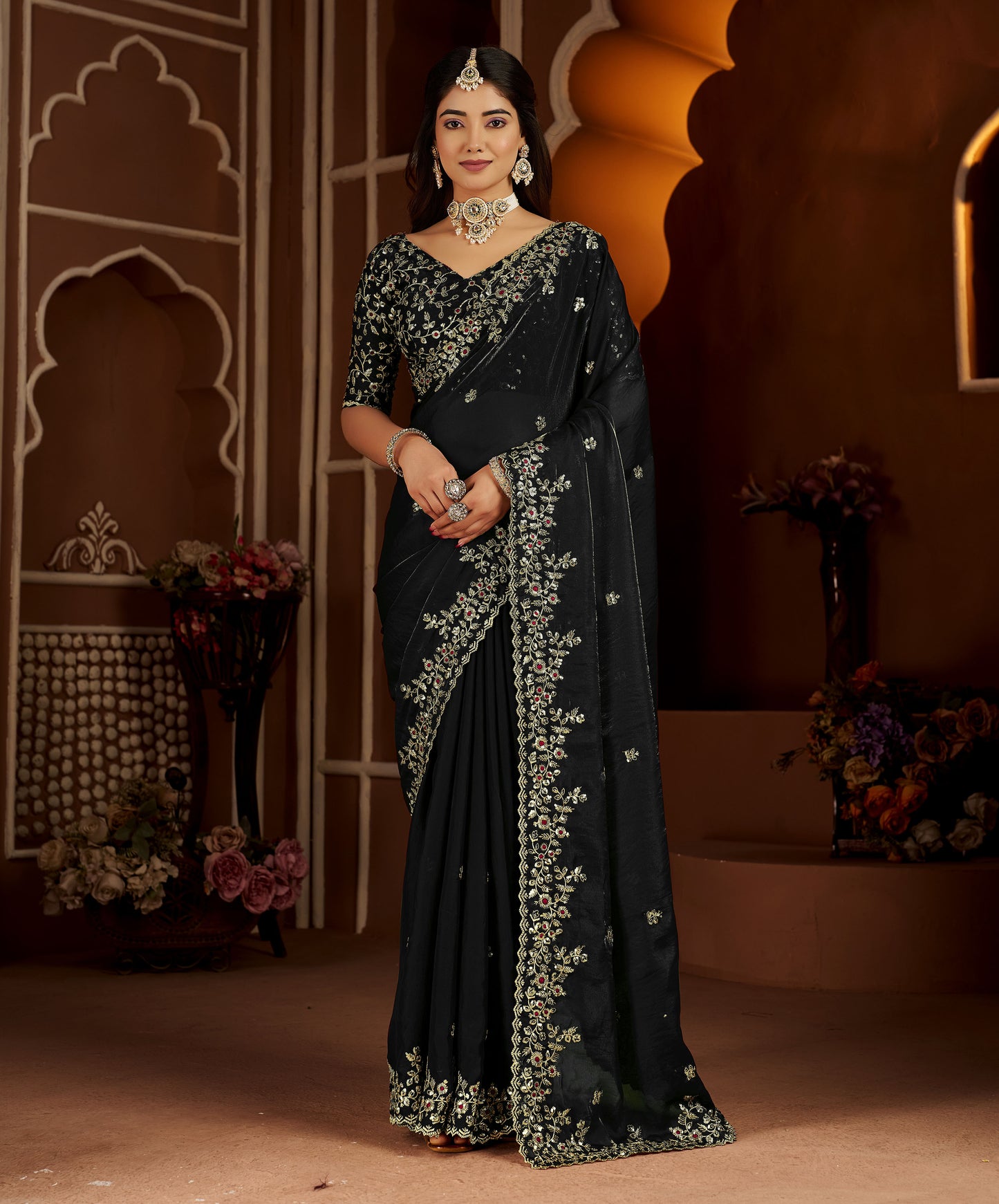 Black Satin Silk Saree with Heavy Embroidered Work
