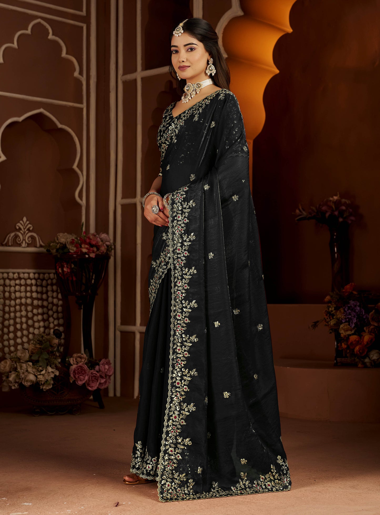 Black Satin Silk Saree with Heavy Embroidered Work