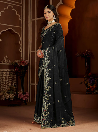 Black Satin Silk Saree with Heavy Embroidered Work