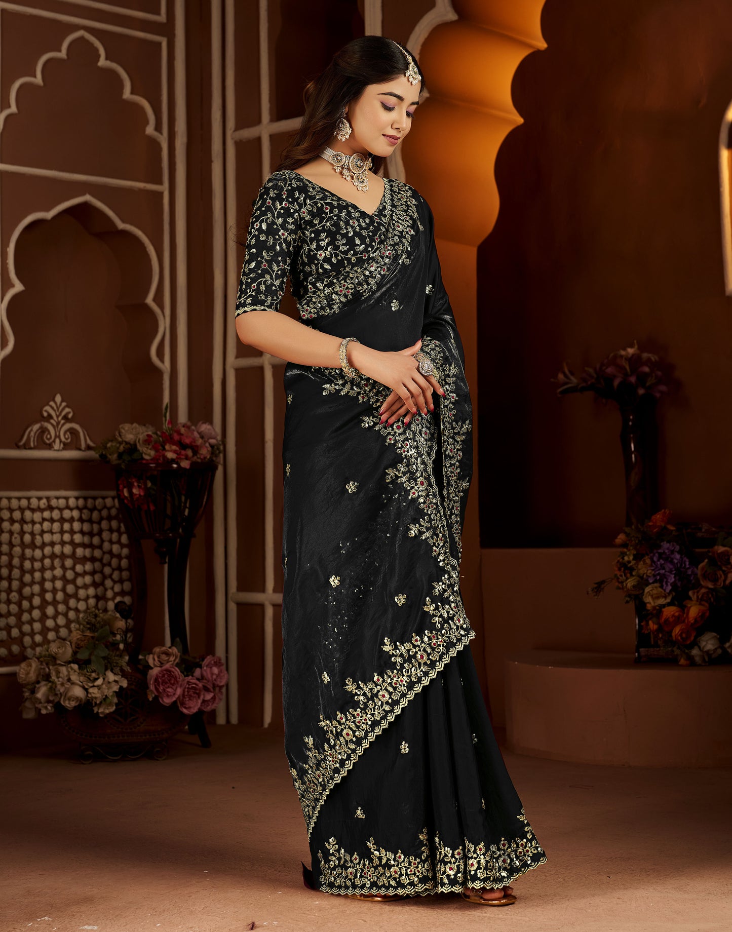 Black Satin Silk Saree with Heavy Embroidered Work