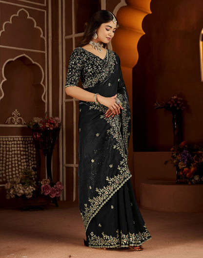 Black Satin Silk Saree with Heavy Embroidered Work
