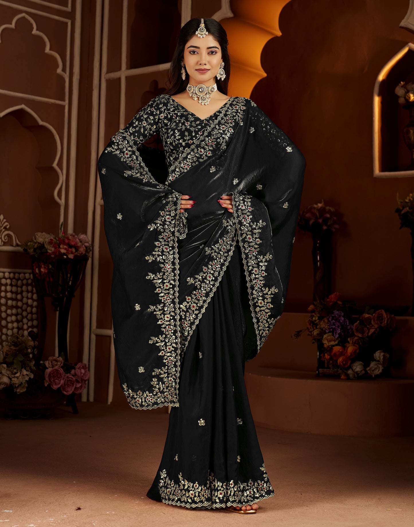 Black Satin Silk Saree with Heavy Embroidered Work