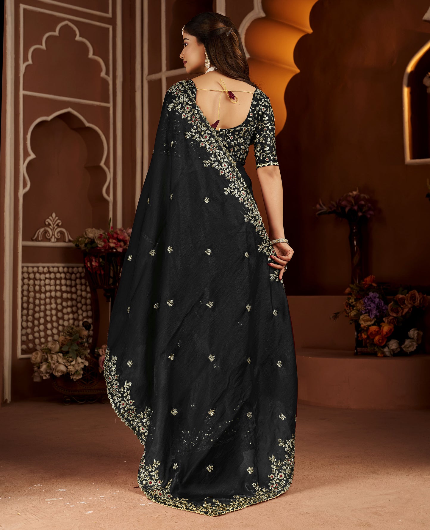 Black Satin Silk Saree with Heavy Embroidered Work