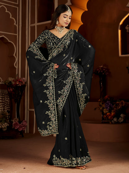 Black Satin Silk Saree with Heavy Embroidered Work