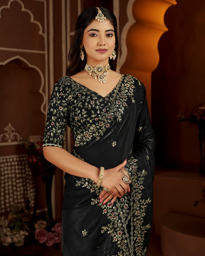 Black Satin Silk Saree with Heavy Embroidered Work