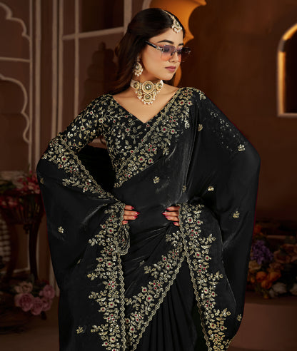 Black Satin Silk Saree with Heavy Embroidered Work