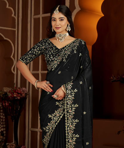 Black Satin Silk Saree with Heavy Embroidered Work
