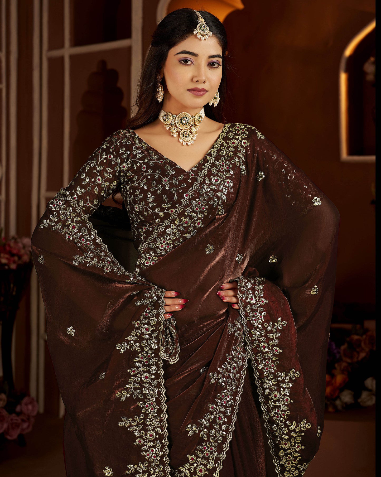 Chocolate Color Satin Silk Saree with Maroon Blouse Heavy Embroidered Work