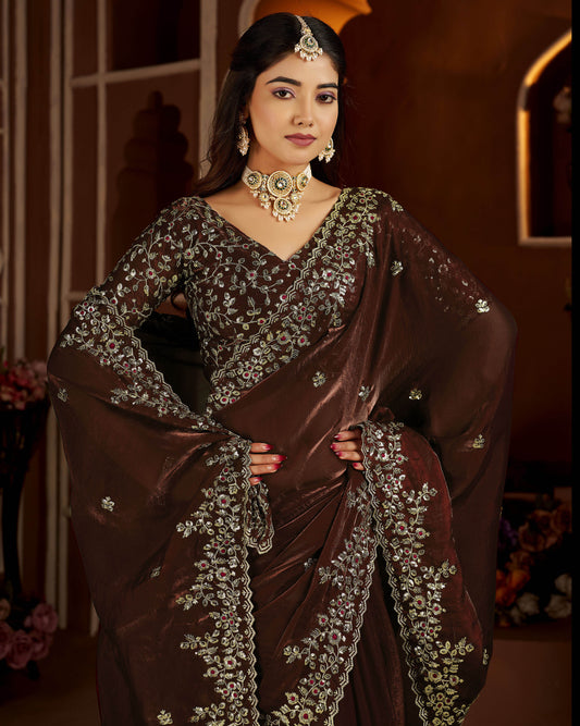 Chocolate Color Satin Silk Saree with Maroon Blouse Heavy Embroidered Work