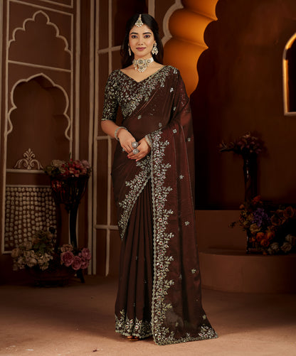 Chocolate Color Satin Silk Saree with Maroon Blouse Heavy Embroidered Work