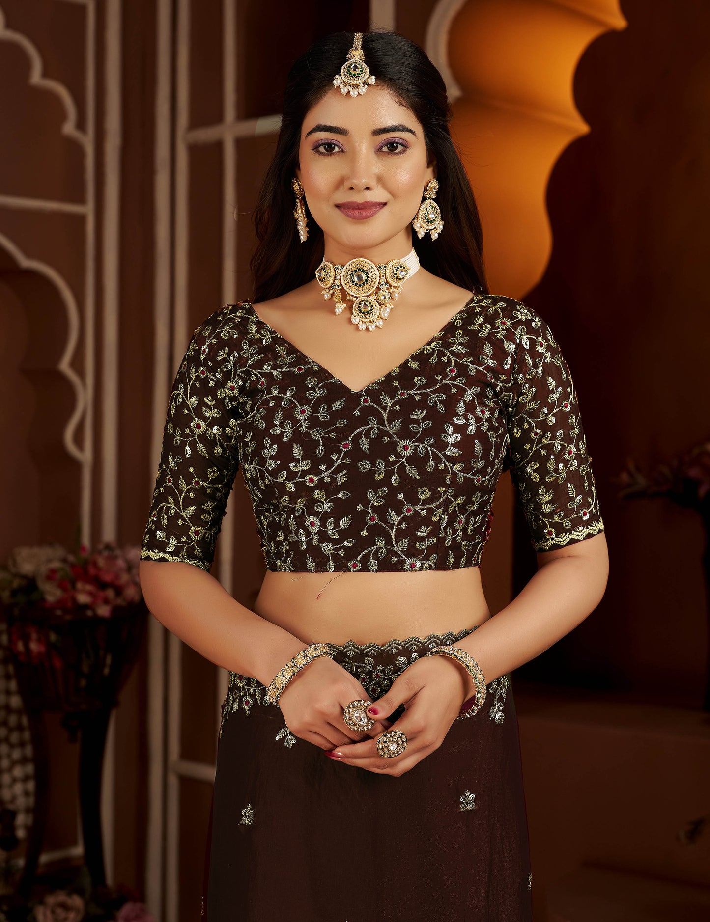 Chocolate Color Satin Silk Saree with Maroon Blouse Heavy Embroidered Work