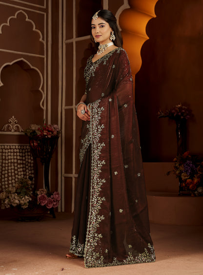 Chocolate Color Satin Silk Saree with Maroon Blouse Heavy Embroidered Work