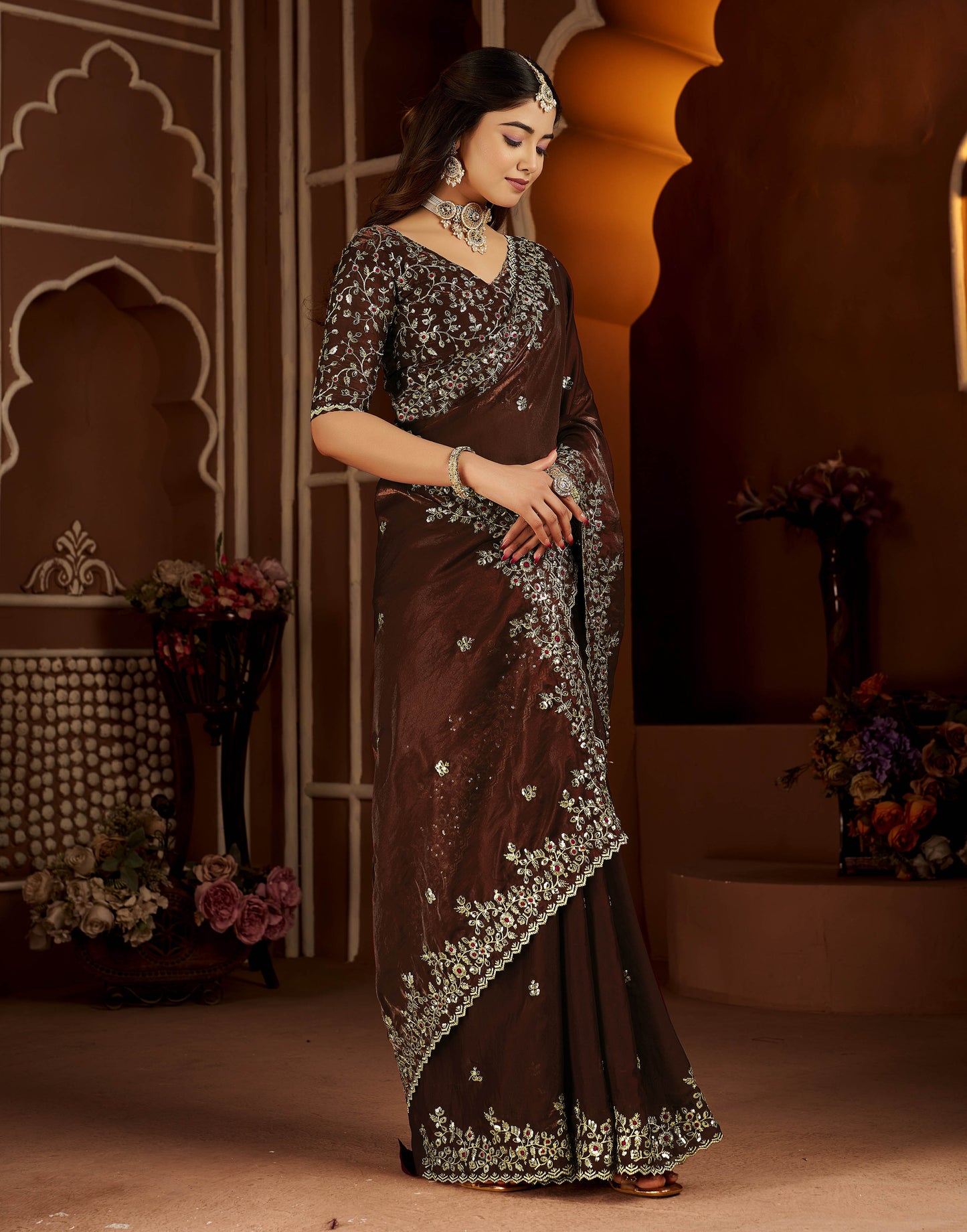 Chocolate Color Satin Silk Saree with Maroon Blouse Heavy Embroidered Work