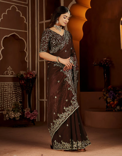 Chocolate Color Satin Silk Saree with Maroon Blouse Heavy Embroidered Work