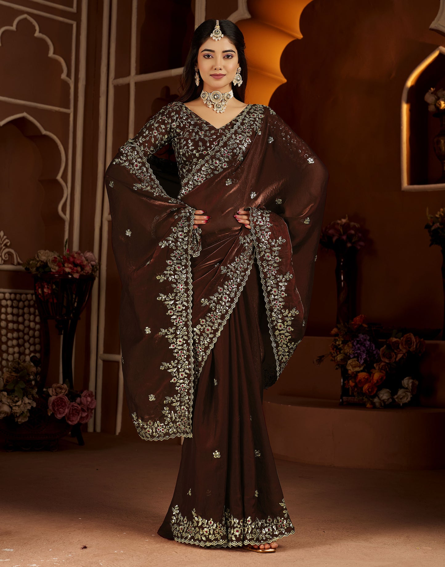 Chocolate Color Satin Silk Saree with Maroon Blouse Heavy Embroidered Work