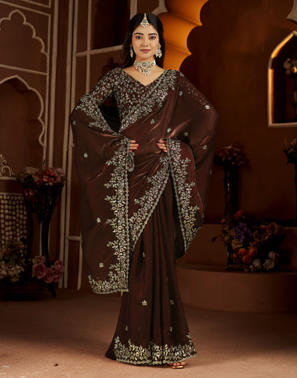 Chocolate Color Satin Silk Saree with Maroon Blouse Heavy Embroidered Work