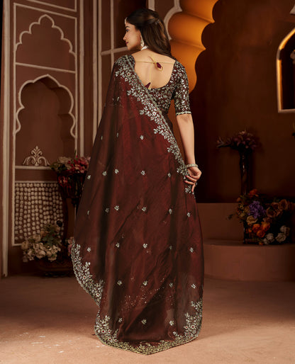 Chocolate Color Satin Silk Saree with Maroon Blouse Heavy Embroidered Work