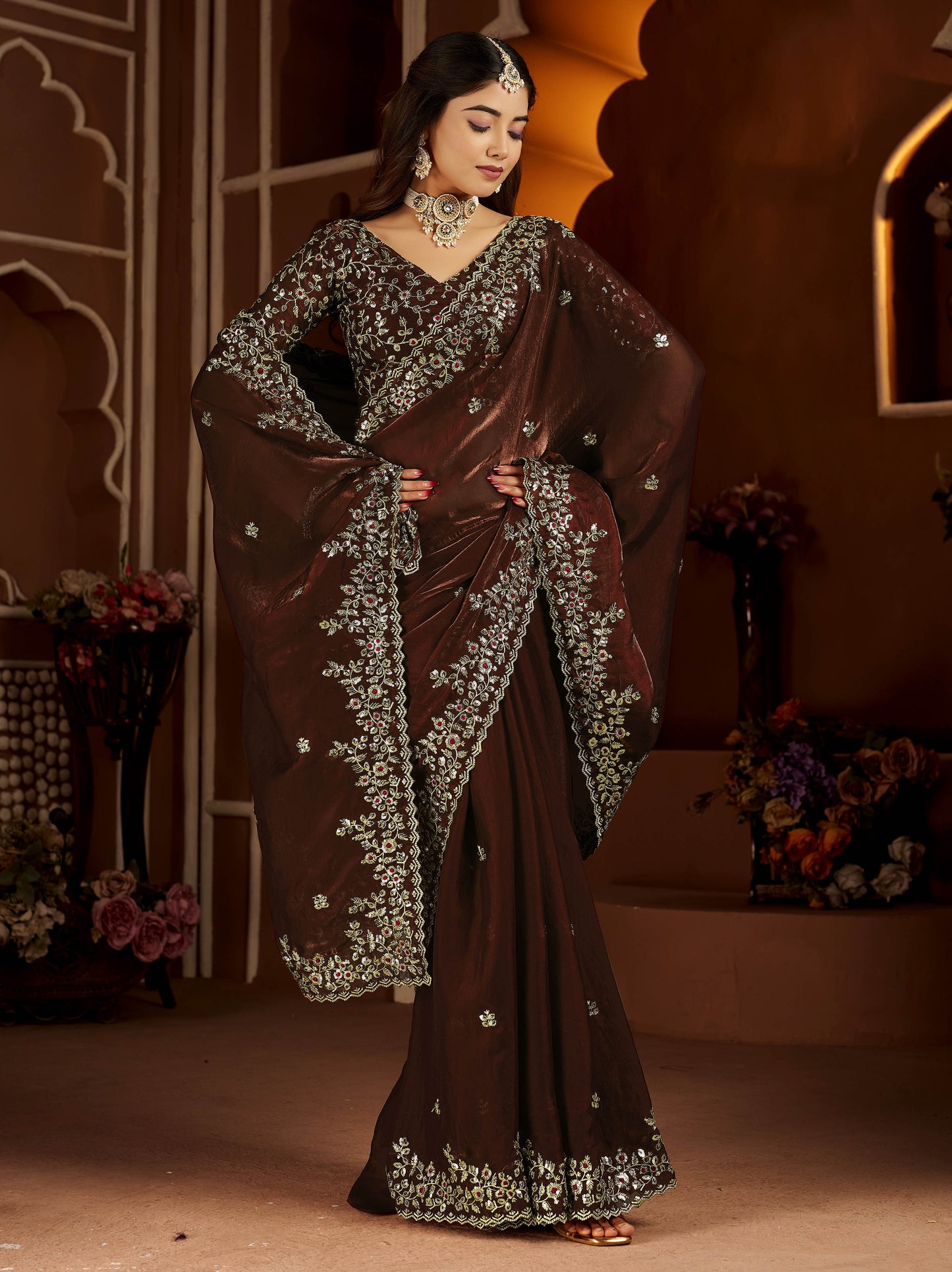 Chocolate Color Satin Silk Saree with Maroon Blouse Heavy Embroidered Work