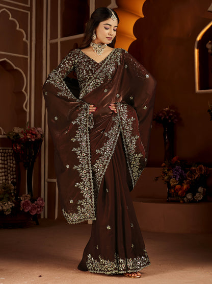 Chocolate Color Satin Silk Saree with Maroon Blouse Heavy Embroidered Work