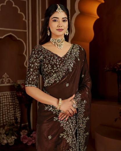 Chocolate Color Satin Silk Saree with Maroon Blouse Heavy Embroidered Work