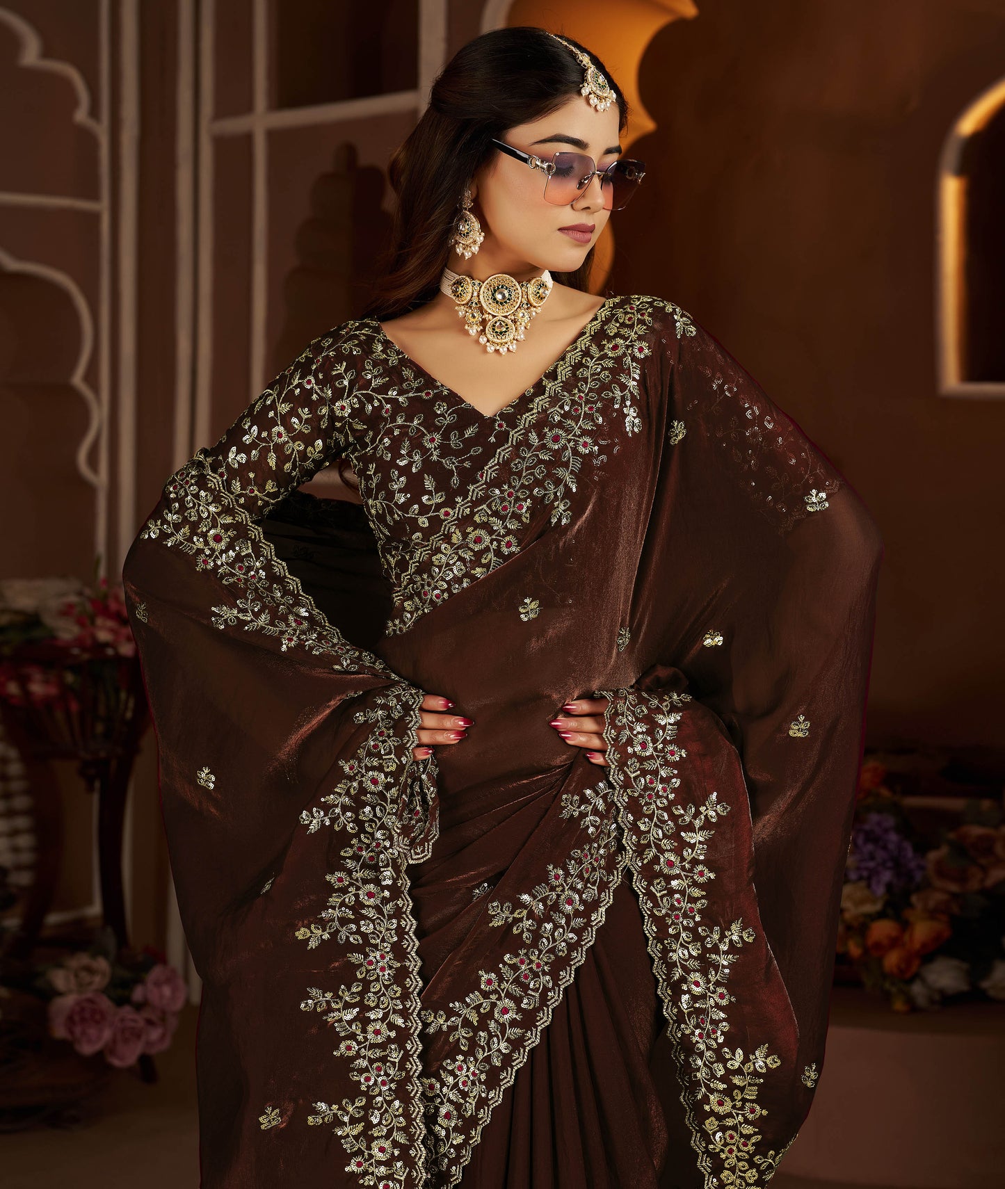 Chocolate Color Satin Silk Saree with Maroon Blouse Heavy Embroidered Work