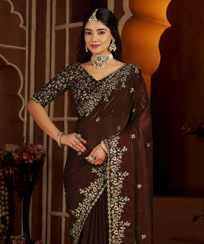 Chocolate Color Satin Silk Saree with Maroon Blouse Heavy Embroidered Work