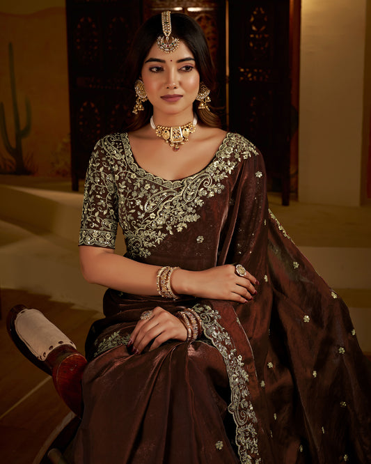 Chocolate Color Satin Silk Saree with Heavy Embroidered Work