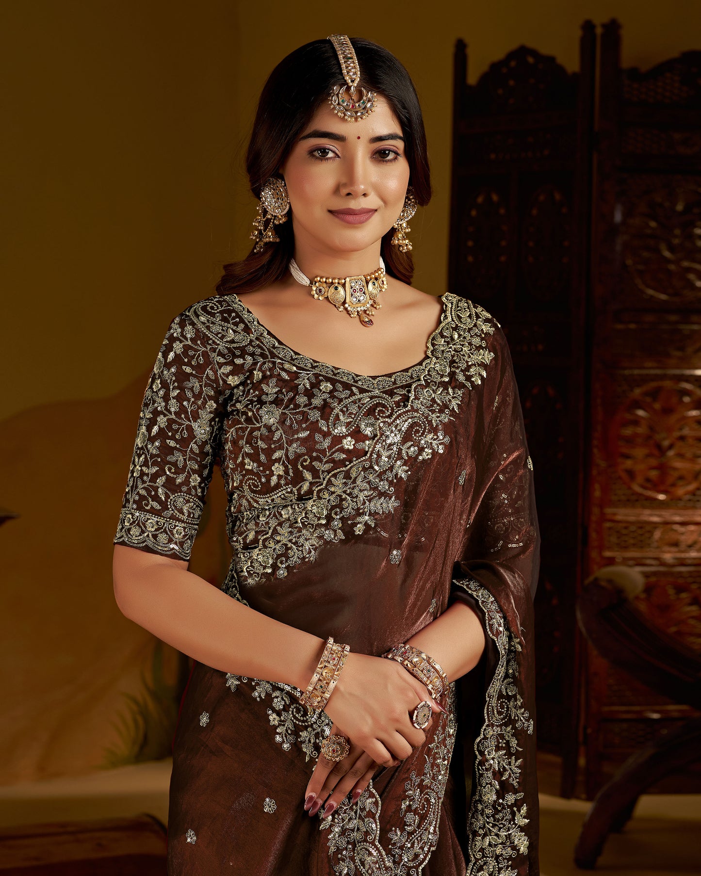 Chocolate Color Satin Silk Saree with Heavy Embroidered Work
