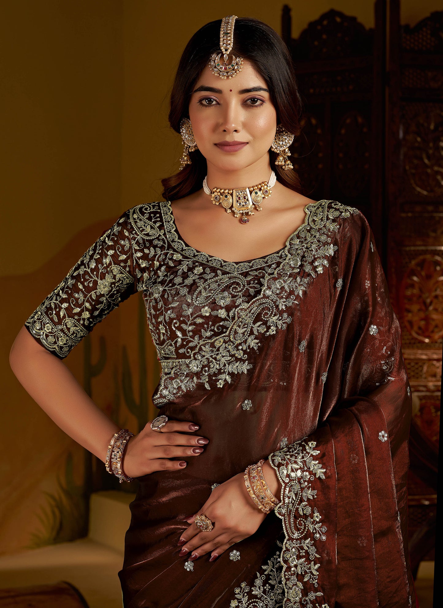 Chocolate Color Satin Silk Saree with Heavy Embroidered Work