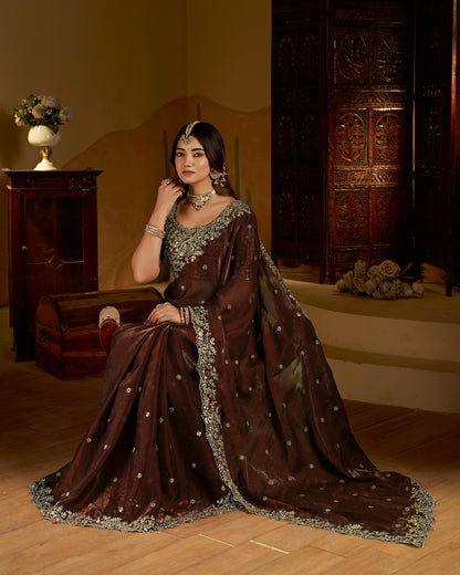 Chocolate Color Satin Silk Saree with Heavy Embroidered Work