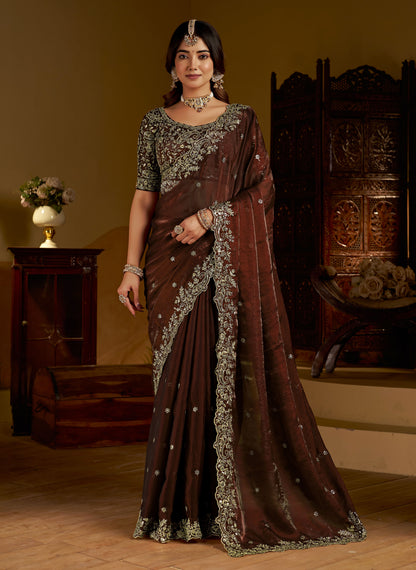 Chocolate Color Satin Silk Saree with Heavy Embroidered Work