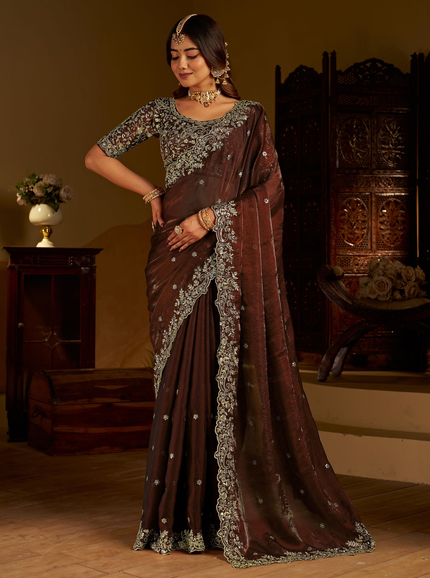 Chocolate Color Satin Silk Saree with Heavy Embroidered Work