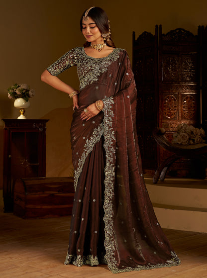 Chocolate Color Satin Silk Saree with Heavy Embroidered Work
