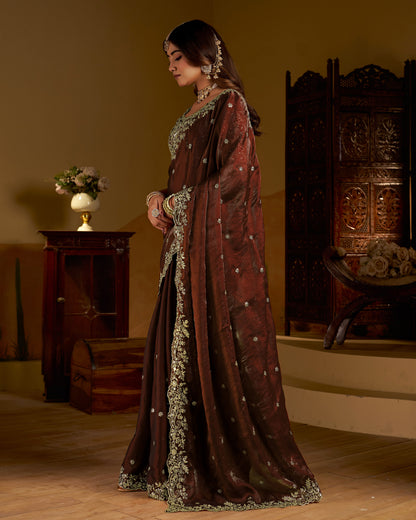 Chocolate Color Satin Silk Saree with Heavy Embroidered Work