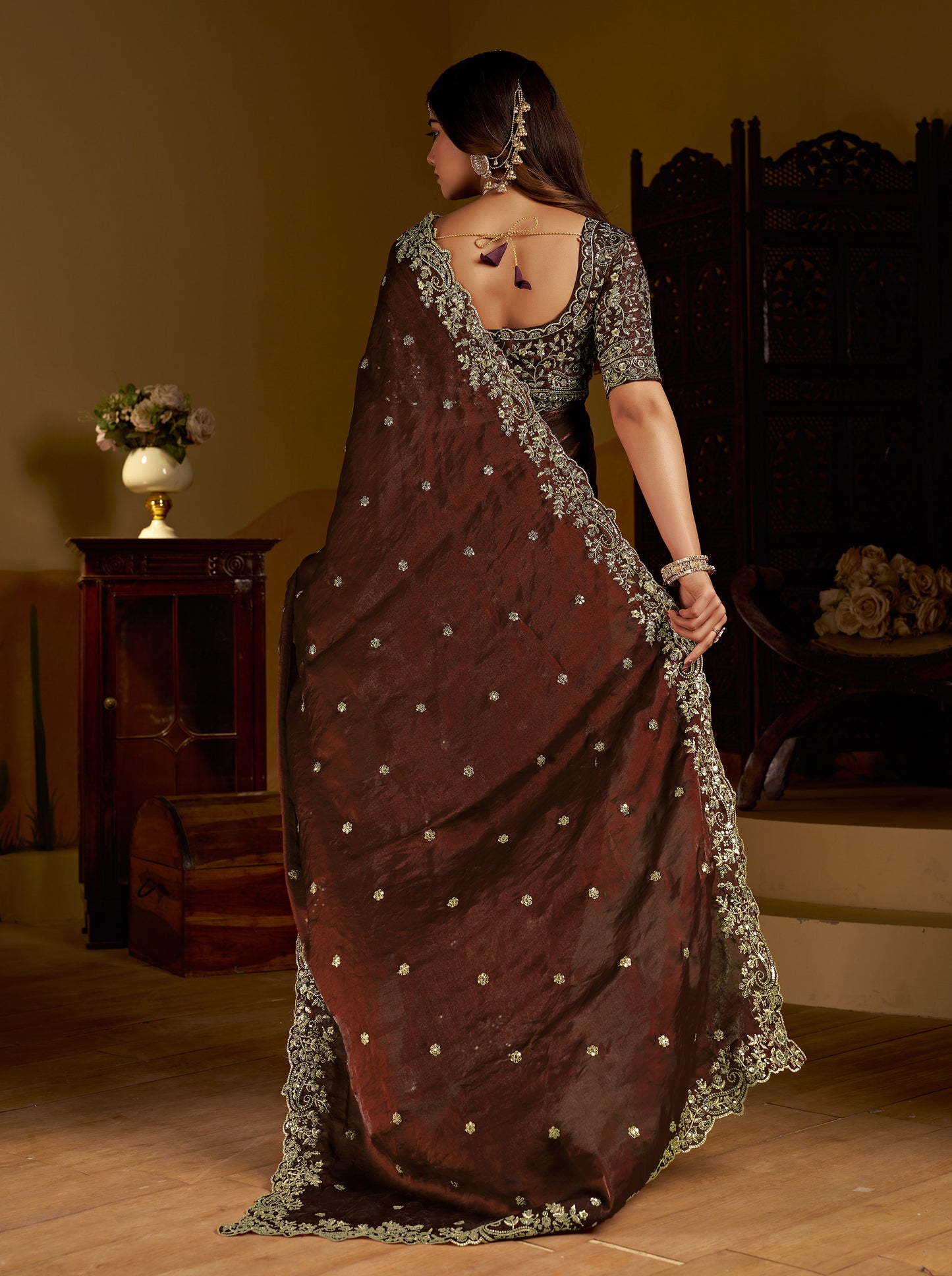 Chocolate Color Satin Silk Saree with Heavy Embroidered Work