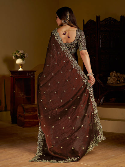 Chocolate Color Satin Silk Saree with Heavy Embroidered Work